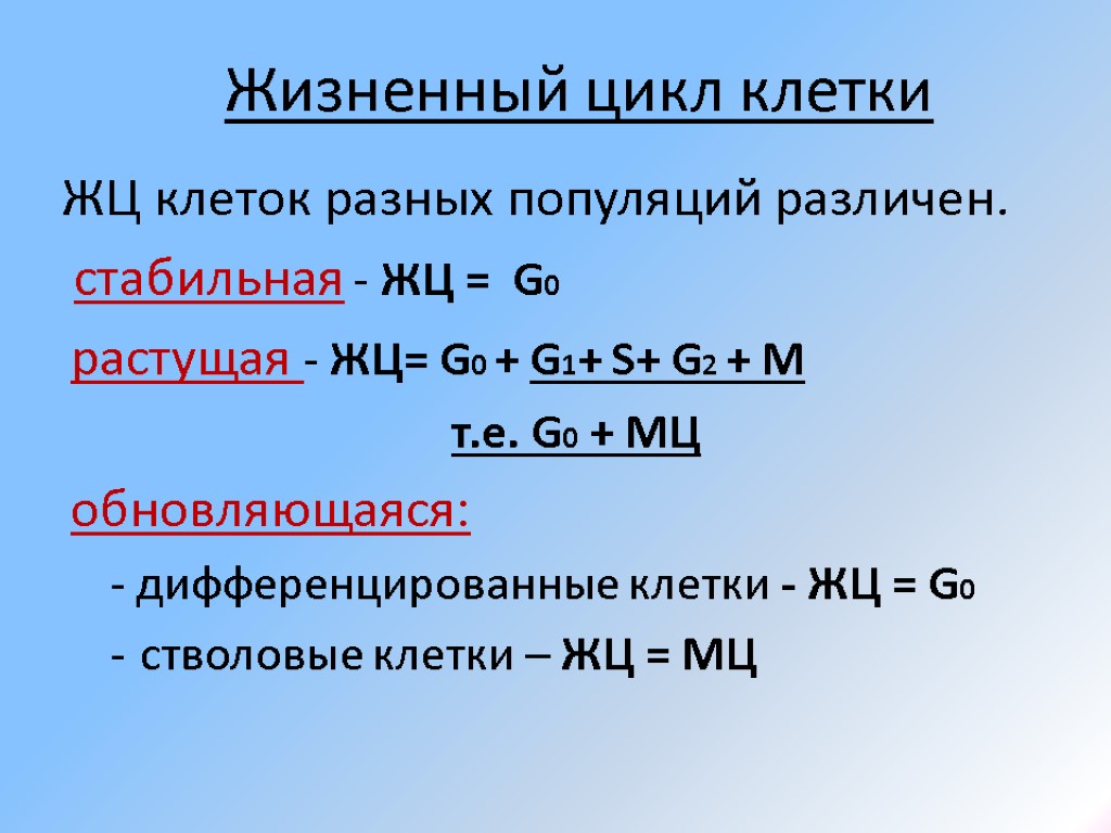 Жизненный цикл клетки ЖЦ клеток разных популяций различен. стабильная - ЖЦ = G0 растущая